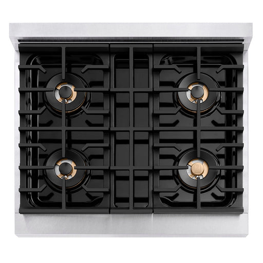 ZLINE Autograph Edition 30 in. 4.2 cu. ft. Paramount Gas Range with 4 Burner DuoPro™ Cooktop and Convection Gas Oven in Satin Stainless Steel and Polished Gold Accents (PSGRSZ-30-G)