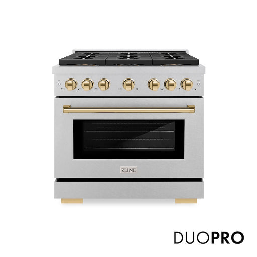ZLINE Autograph Edition 36 in. 5.2 cu. ft. Paramount Gas Range with 6 Burner DuoPro™ Cooktop and Convection Gas Oven in Satin Stainless Steel and Polished Gold Accents (PSGRSZ-36-G)