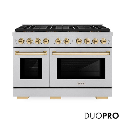 ZLINE Autograph Edition 48 in. 6.7 cu. ft. Paramount Gas Range with 8 Burner DuoPro™ Cooktop and Dual Ovens in Satin Stainless Steel and Polished Gold Accents (PSGRSZ-48-G)