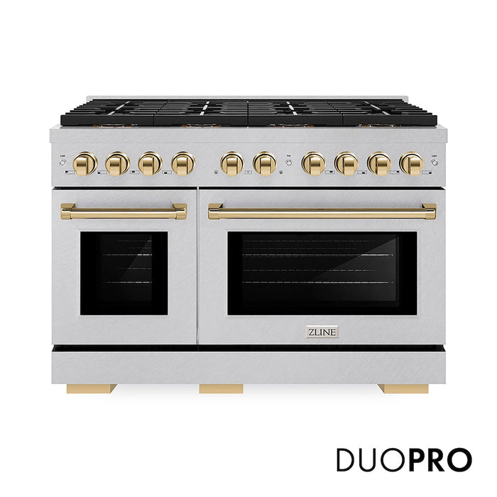 ZLINE Autograph Edition 48 in. 6.7 cu. ft. Paramount Gas Range with 8 Burner DuoPro™ Cooktop and Dual Ovens in Satin Stainless Steel and Polished Gold Accents (PSGRSZ-48-G)