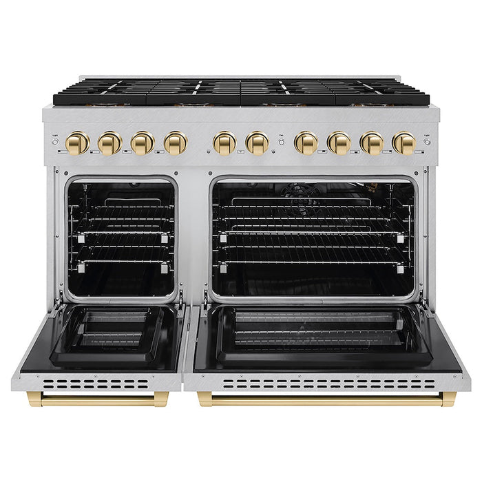 ZLINE Autograph Edition 48 in. 6.7 cu. ft. Paramount Gas Range with 8 Burner DuoPro™ Cooktop and Dual Ovens in Satin Stainless Steel and Polished Gold Accents (PSGRSZ-48-G)