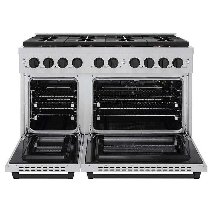 ZLINE Autograph Edition 48 in. 6.7 cu. ft. Paramount Gas Range with 8 Burner DuoPro™ Cooktop and Dual Ovens in Satin Stainless Steel and Matte Black Accents (PSGRSZ-48-MB)