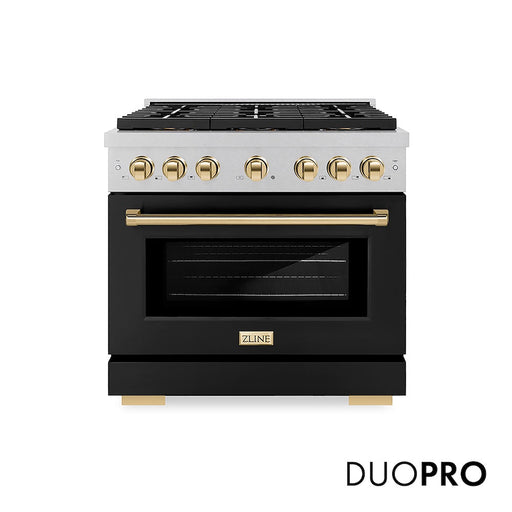 ZLINE Autograph Edition 36 in. 5.2 cu. ft. Paramount Gas Range with 6 Burner DuoPro™ Cooktop and Convection Gas Oven in Satin Stainless Steel with Black Matte Door and Polished Gold Accents (PSGRSZ-BLM36-G)