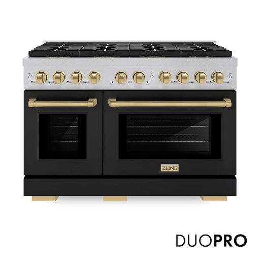 ZLINE Autograph Edition 48 in. 6.7 cu. ft. Paramount Gas Range with 8 Burner DuoPro™ Cooktop and Dual Ovens in Satin Stainless Steel with Black Matte Doors and Champagne Bronze Accents (PSGRSZ-BLM48-CB)