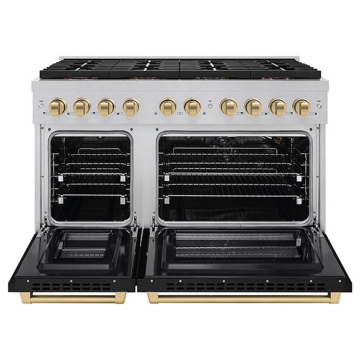 ZLINE Autograph Edition 48 in. 6.7 cu. ft. Paramount Gas Range with 8 Burner DuoPro™ Cooktop and Dual Ovens in Satin Stainless Steel with Black Matte Doors and Champagne Bronze Accents (PSGRSZ-BLM48-CB)