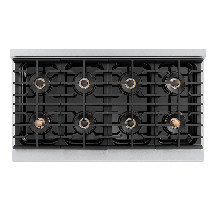 ZLINE Autograph Edition 48 in. 6.7 cu. ft. Paramount Gas Range with 8 Burner DuoPro™ Cooktop and Dual Ovens in Satin Stainless Steel with Black Matte Doors and Champagne Bronze Accents (PSGRSZ-BLM48-CB)