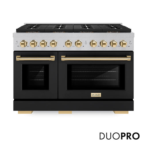 ZLINE Autograph Edition 48 in. 6.7 cu. ft. Paramount Gas Range with 8 Burner DuoPro™ Cooktop and Dual Ovens in Satin Stainless Steel with Black Matte Doors and Polished Gold Accents (PSGRSZ-BLM48-G)