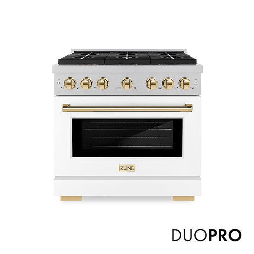 ZLINE Autograph Edition 36 in. 5.2 cu. ft. Paramount Gas Range with 6 Burner DuoPro™ Cooktop and Convection Gas Oven in Satin Stainless Steel with White Matte Door and Polished Gold Accents (PSGRSZ-WM-36-G)