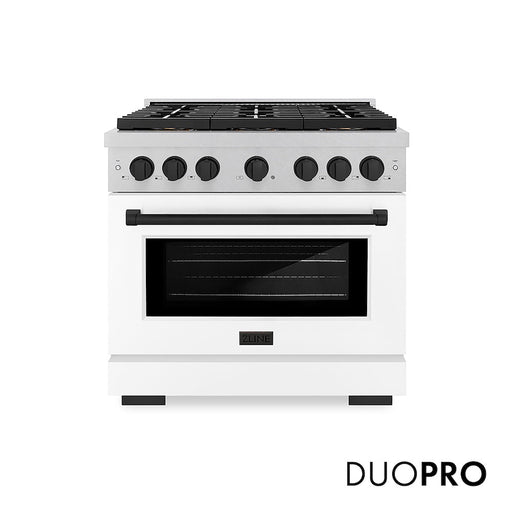 ZLINE Autograph Edition 36 in. 5.2 cu. ft. Paramount Gas Range with 6 Burner DuoPro™ Cooktop and Convection Gas Oven in Satin Stainless Steel with White Matte Door and Matte Black Accents (PSGRSZ-WM-36-MB)