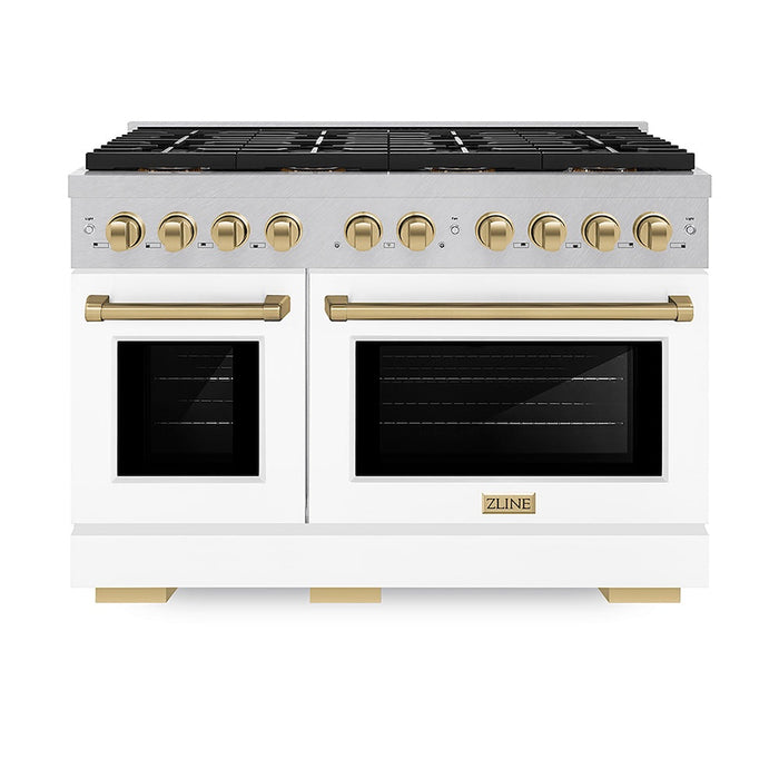 ZLINE Autograph Edition 48 in. 6.7 cu. ft. Paramount Gas Range with 8 Burner DuoPro™ Cooktop and Dual Ovens in Satin Stainless Steel with White Matte Doors and Champagne Bronze Accents (PSGRSZ-WM-48-CB)