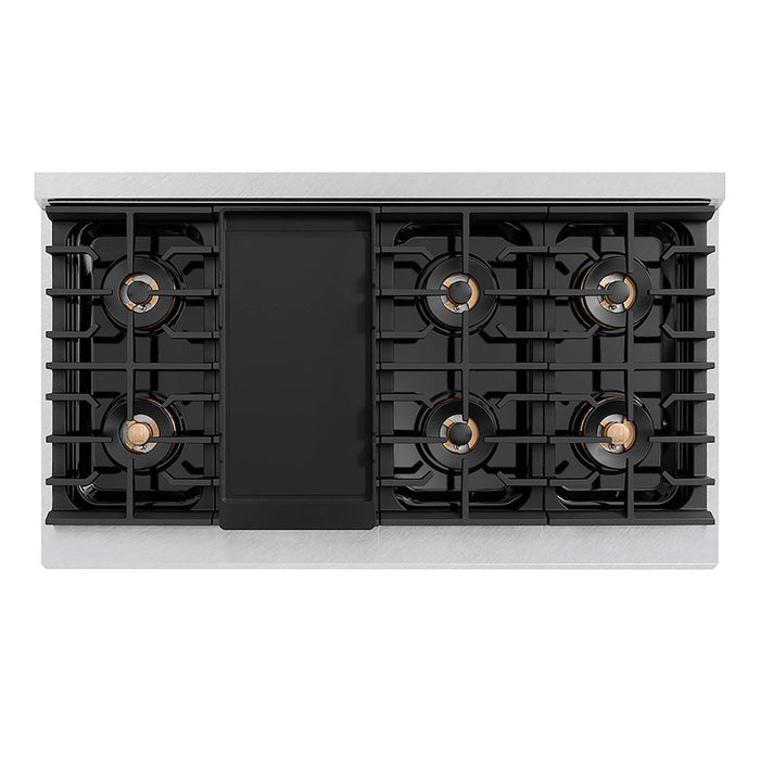 ZLINE Autograph Edition 48 in. 6.7 cu. ft. Paramount Gas Range with 8 Burner DuoPro™ Cooktop and Dual Ovens in Satin Stainless Steel with White Matte Doors and Champagne Bronze Accents (PSGRSZ-WM-48-CB)