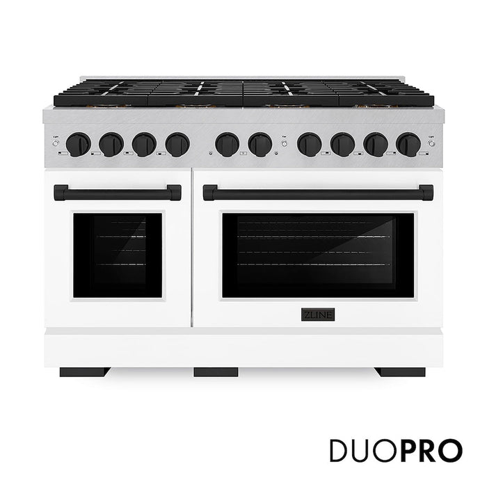 ZLINE Autograph Edition 48 in. 6.7 cu. ft. Paramount Gas Range with 8 Burner DuoPro™ Cooktop and Dual Ovens in Satin Stainless Steel with White Matte Doors and Matte Black Accents (PSGRSZ-WM-48-MB)