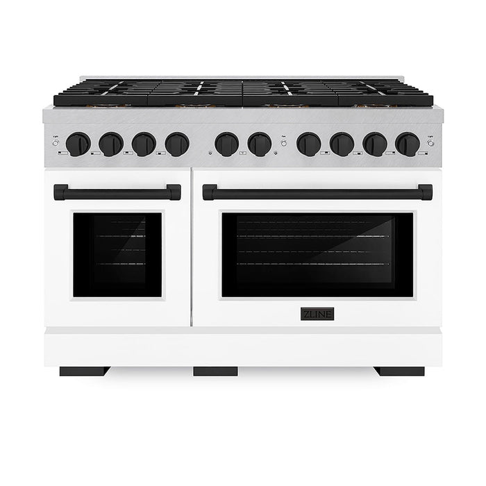 ZLINE Autograph Edition 48 in. 6.7 cu. ft. Paramount Gas Range with 8 Burner DuoPro™ Cooktop and Dual Ovens in Satin Stainless Steel with White Matte Doors and Matte Black Accents (PSGRSZ-WM-48-MB)