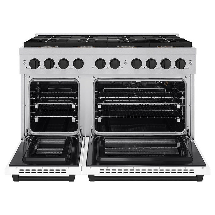 ZLINE Autograph Edition 48 in. 6.7 cu. ft. Paramount Gas Range with 8 Burner DuoPro™ Cooktop and Dual Ovens in Satin Stainless Steel with White Matte Doors and Matte Black Accents (PSGRSZ-WM-48-MB)