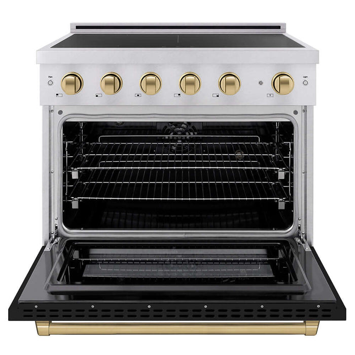 ZLINE Autograph Edition 36 in. 5.2 cu. ft. Paramount Induction Range with 5 Element Cooktop and Electric Convection Oven in Satin Stainless Steel with Black Matte Door and Champagne Bronze Accents (SINRSZ-BLM36-CB)