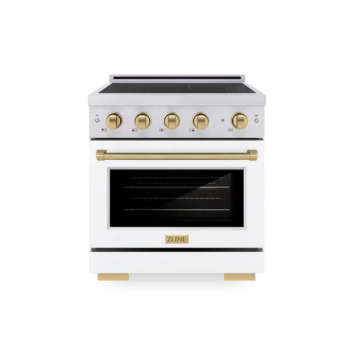 ZLINE Autograph Edition 30 in. 4.2 cu. ft. Paramount Induction Range with 4 Element Cooktop and Electric Convection Oven in Satin Stainless Steel with White Matte Door and Champagne Bronze Accents (SINRSZ-WM-30-CB)