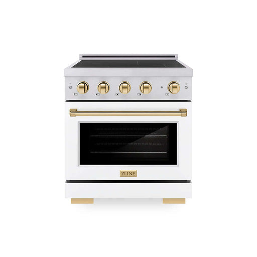 ZLINE Autograph Edition 30 in. 4.2 cu. ft. Paramount Induction Range with 4 Element Cooktop and Electric Convection Oven in Satin Stainless Steel with White Matte Door and Polished Gold Accents (SINRSZ-WM-30-G)