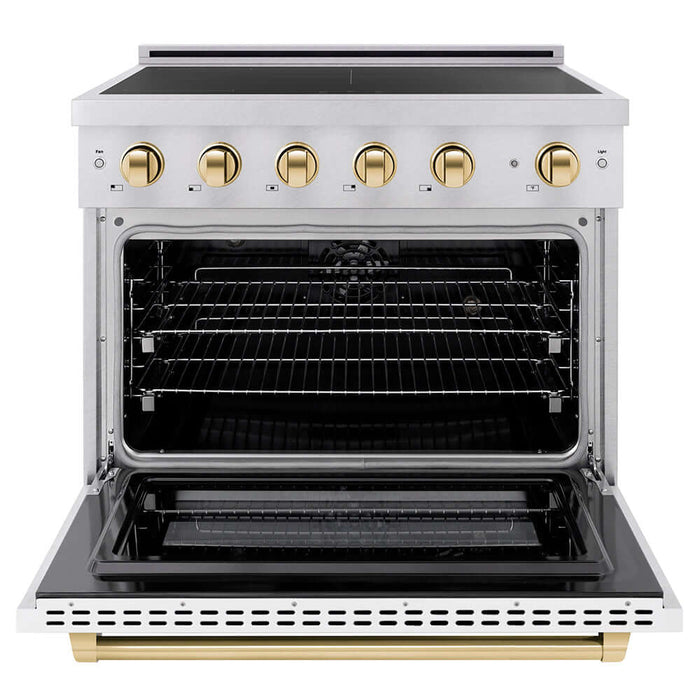 ZLINE Autograph Edition 36 in. 5.2 cu. ft. Paramount Induction Range with 5 Element Cooktop and Electric Convection Oven in Satin Stainless Steel with White Matte Door and Polished Gold Accents (SINRSZ-WM-36-G)
