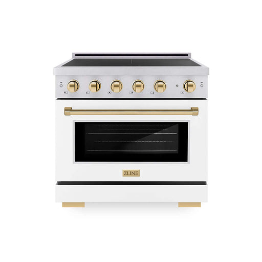 ZLINE Autograph Edition 36 in. 5.2 cu. ft. Paramount Induction Range with 5 Element Cooktop and Electric Convection Oven in Satin Stainless Steel with White Matte Door and Polished Gold Accents (SINRSZ-WM-36-G)