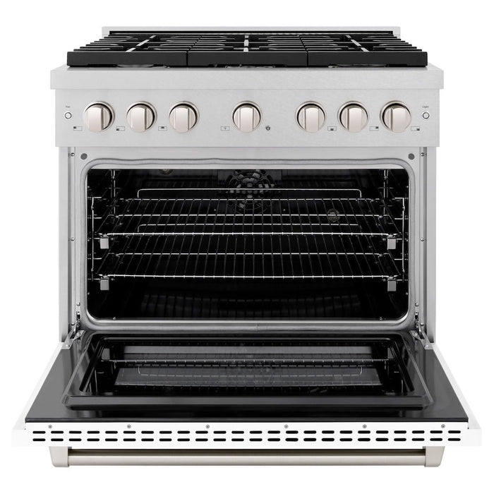 ZLINE 36 in. 5.2 cu. ft. Paramount Dual Fuel Range with 6 Burner Gas Cooktop and Electric Convection Oven in Satin Stainless Steel with White Matte Door (SDRS-WM-36)