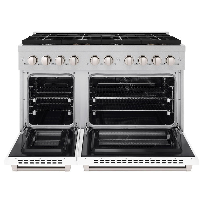 ZLINE 48 in. 6.7 cu. ft. Paramount Double Oven Dual Fuel Range with 8 Burner Gas Cooktop in Satin Stainless Steel with White Matte Doors (SDRS-WM-48)