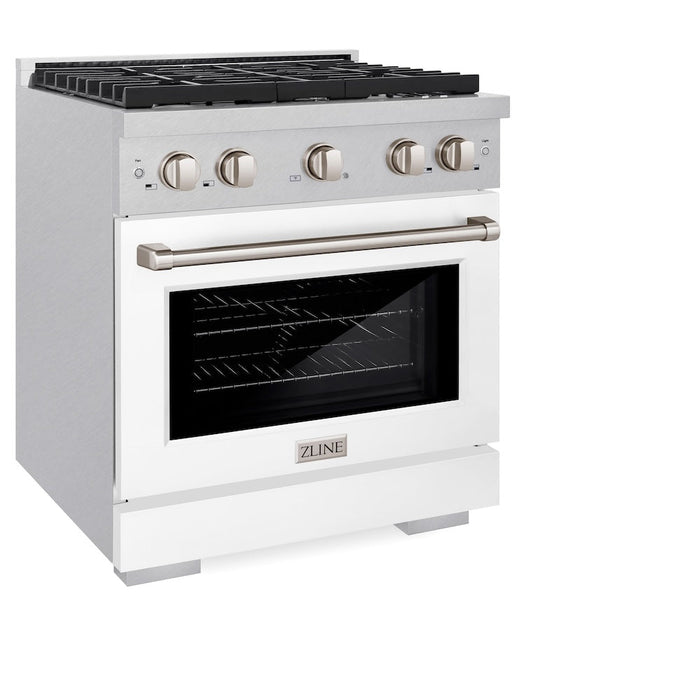 ZLINE 30 in. 4.2 cu. ft. Paramount Gas Range with 4 Burner Cooktop and Convection Gas Oven in Satin Stainless Steel with White Matte Door (SGRS-WM-30)