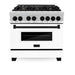 ZLINE Autograph Edition 36 in. 4.6 cu. ft. Legacy Dual Fuel Range with 6 Burner Gas Cooktop and Electric Convection Oven in Stainless Steel with White Matte Door and Matte Black Accents (RAZ-WM-36-MB)
