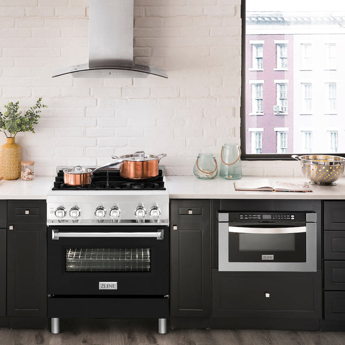 ZLINE 30 in. 4.0 cu. ft. Legacy Dual Fuel Range with 4 Burner Gas Cooktop and Electric Convection Oven in Stainless Steel and Black Matte Door (RA-BLM-30)