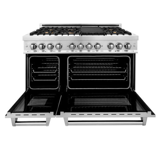 ZLINE 48 in. 6.0 cu. ft. Legacy Dual Fuel Range with Gas Cooktop and 2 Electric Ovens in Stainless Steel with 6 Brass Burners and Griddle (RA-BR-GR-48)