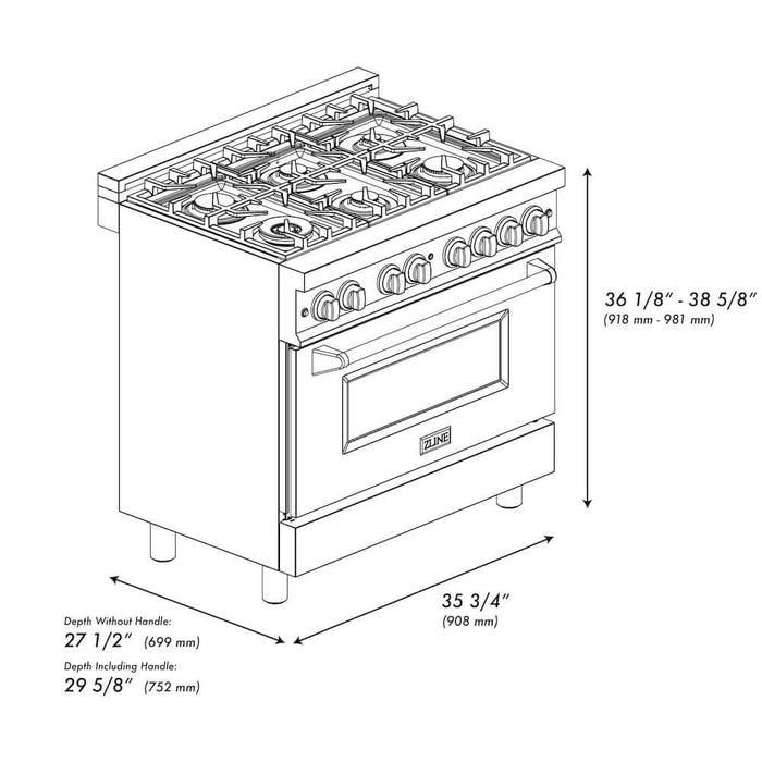 ZLINE Autograph Edition 36 in. 4.6 cu. ft. Legacy Dual Fuel Range with 6 Burner Gas Cooktop and Electric Convection Oven in Stainless Steel with Black Matte Door and Polished Gold Accents (RAZ-BLM-36-G)