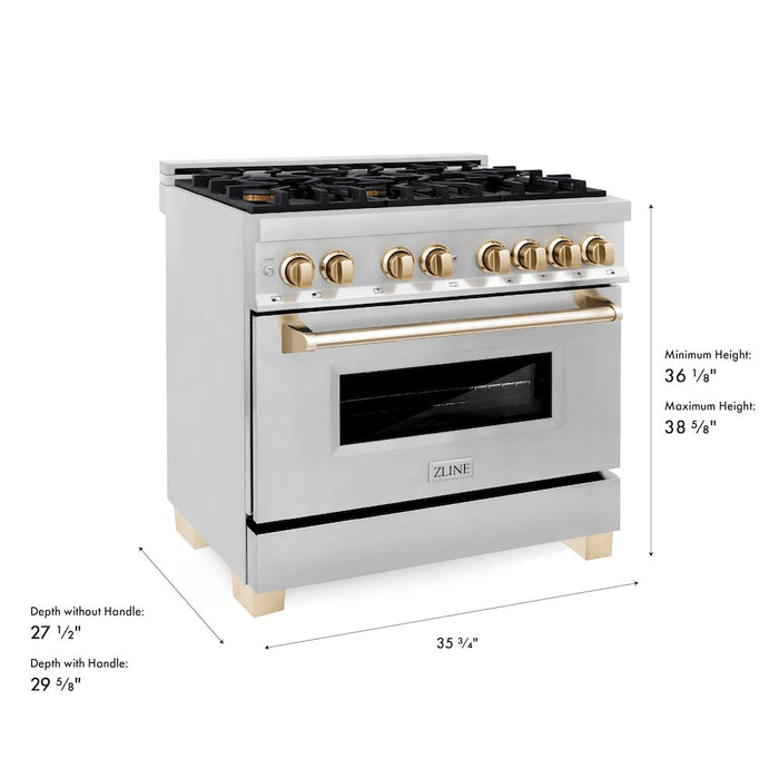 ZLINE Autograph Edition 36 in. 4.6 cu. ft. Legacy Dual Fuel Range with 6 Burner Gas Cooktop and Electric Convection Oven in Stainless Steel and Polished Gold Accents (RAZ-36-G)