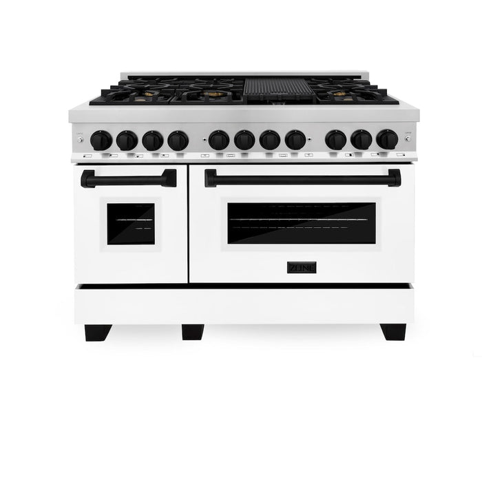 ZLINE Autograph Edition 48 in. 6.0 cu. ft. Legacy Dual Fuel Range with 7 Burner Gas Cooktop and 2 Electric Ovens in Stainless Steel with White Matte Doors and Matte Black Accents (RAZ-WM-48-MB)