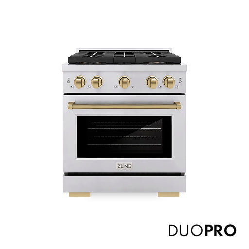 ZLINE Autograph Edition 30 in. 4.2 cu. ft. Paramount Dual Fuel Range with 4 Burner DuoPro™ Cooktop and Electric Convection Oven in Stainless Steel with Champagne Bronze Accents (PSDRZ-30-CB)
