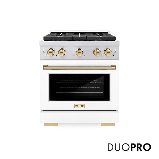 ZLINE Autograph Edition 30 in. 4.2 cu. ft. Paramount Dual Fuel Range with 4 Burner DuoPro™ Cooktop and Electric Convection Oven in Stainless Steel with White Matte Door and Polished Gold Accents (PSDRZ-WM-30-G)