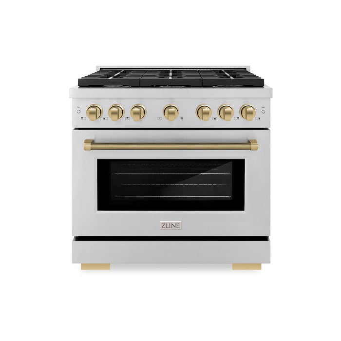 ZLINE Autograph Edition 36 in. 5.2 cu. ft. Paramount Dual Fuel Range with 6 Burner Gas Cooktop and Electric Convection Oven in Stainless Steel with Champagne Bronze Helix Handle and Knob Accents (SDRZ-36-KCB)