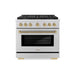 ZLINE Autograph Edition 36 in. 5.2 cu. ft. Paramount Dual Fuel Range with 6 Burner Gas Cooktop and Electric Convection Oven in Stainless Steel with Champagne Bronze Helix Handle and Knob Accents (SDRZ-36-KCB)