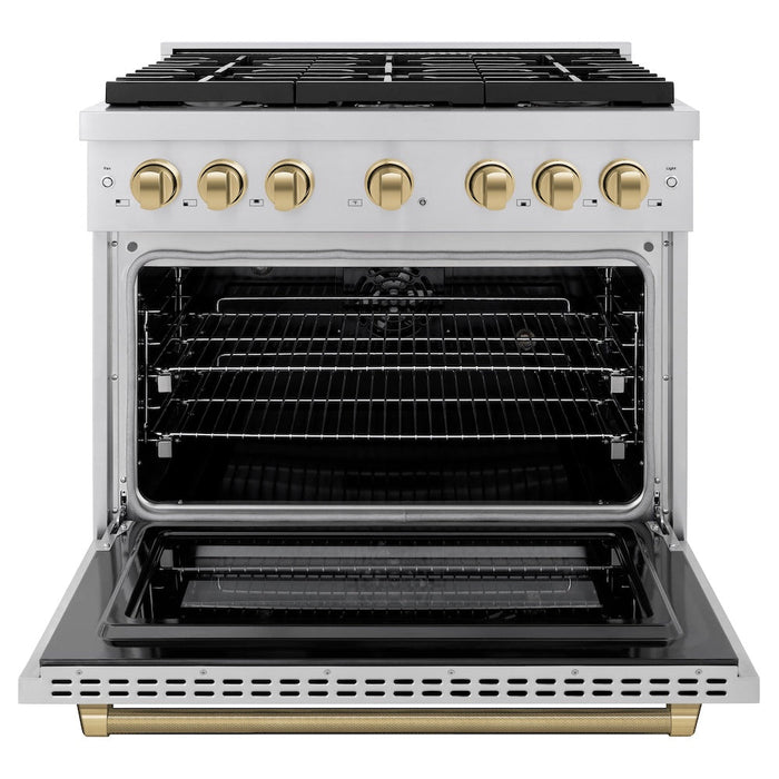 ZLINE Autograph Edition 36 in. 5.2 cu. ft. Paramount Dual Fuel Range with 6 Burner Gas Cooktop and Electric Convection Oven in Stainless Steel with Champagne Bronze Helix Handle and Knob Accents (SDRZ-36-KCB)