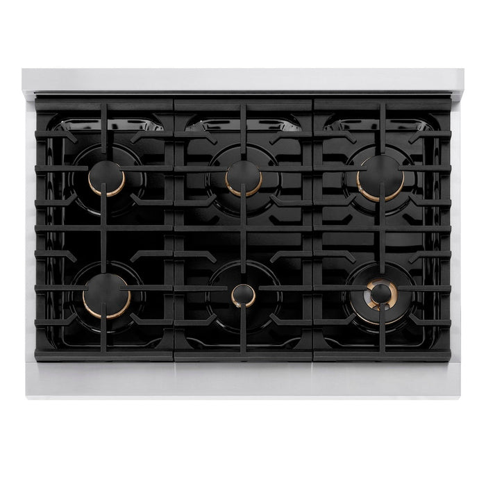 ZLINE Autograph Edition 36 in. 5.2 cu. ft. Paramount Dual Fuel Range with 6 Burner Gas Cooktop and Electric Convection Oven in Stainless Steel with Champagne Bronze Helix Handle and Knob Accents (SDRZ-36-KCB)
