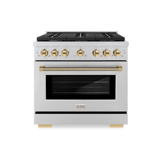 ZLINE Autograph Edition 36 in. 5.2 cu. ft. Paramount Dual Fuel Range with 6 Burner Gas Cooktop and Electric Convection Oven in Stainless Steel with Polished Gold Helix Handle and Knob Accents (SDRZ-36-KG)
