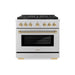 ZLINE Autograph Edition 36 in. 5.2 cu. ft. Paramount Dual Fuel Range with 6 Burner Gas Cooktop and Electric Convection Oven in Stainless Steel with Polished Gold Helix Handle and Knob Accents (SDRZ-36-KG)