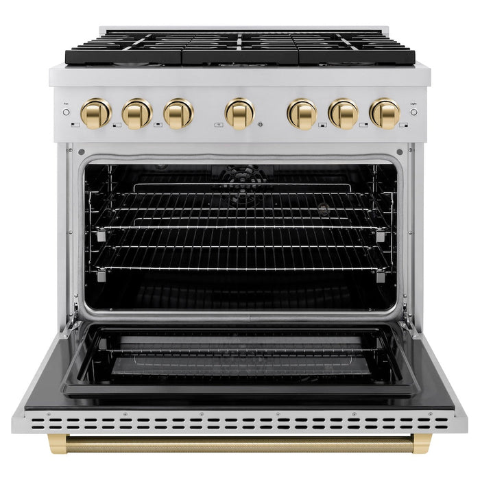 ZLINE Autograph Edition 36 in. 5.2 cu. ft. Paramount Dual Fuel Range with 6 Burner Gas Cooktop and Electric Convection Oven in Stainless Steel with Polished Gold Helix Handle and Knob Accents (SDRZ-36-KG)