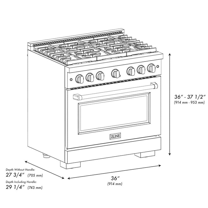 ZLINE Autograph Edition 36 in. 5.2 cu. ft. Paramount Dual Fuel Range with 6 Burner Gas Cooktop and Electric Convection Oven in Stainless Steel with Polished Nickel Helix Handle and Knob Accents (SDRZ-36-KPN)