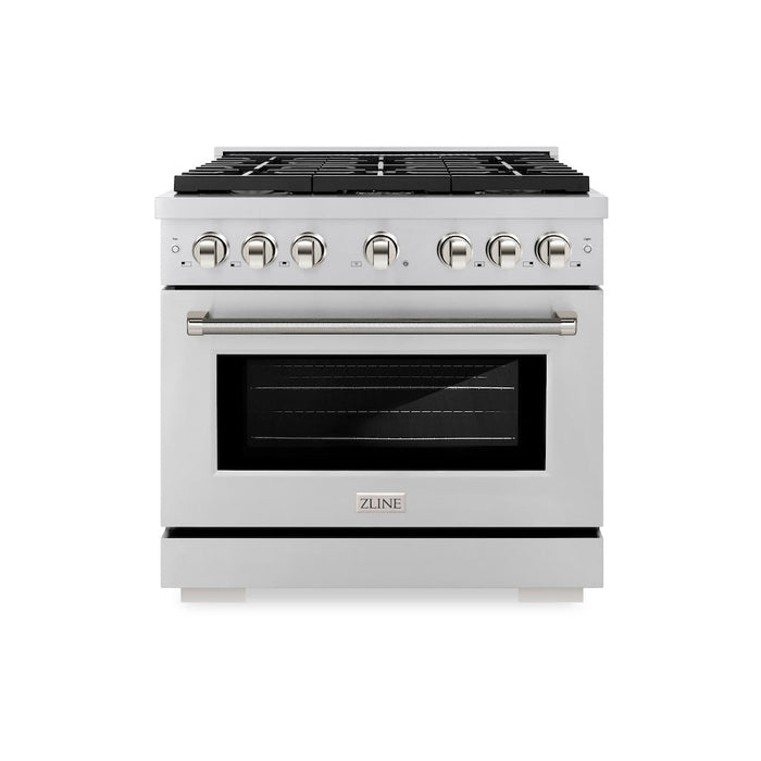 ZLINE Autograph Edition 36 in. 5.2 cu. ft. Paramount Dual Fuel Range with 6 Burner Gas Cooktop and Electric Convection Oven in Stainless Steel with Polished Nickel Helix Handle and Knob Accents (SDRZ-36-KPN)