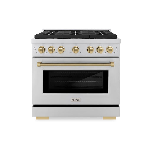 ZLINE Autograph Edition 36 in. 5.2 cu. ft. Paramount Gas Range with 6 Burner Cooktop and Convection Gas Oven in Stainless Steel with Champagne Bronze Helix Handle and Knob Accents (SGRZ-36-KCB)