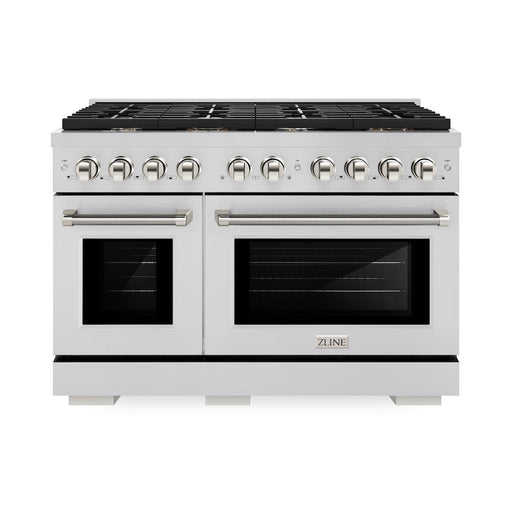 ZLINE Autograph Edition 48 in. 6.7 cu. ft. Paramount Double Oven Gas Range with 8 Burner Cooktop in Stainless Steel and Polished Nickel Helix Handles and Knob Accents (SGRZ-48-KPN)