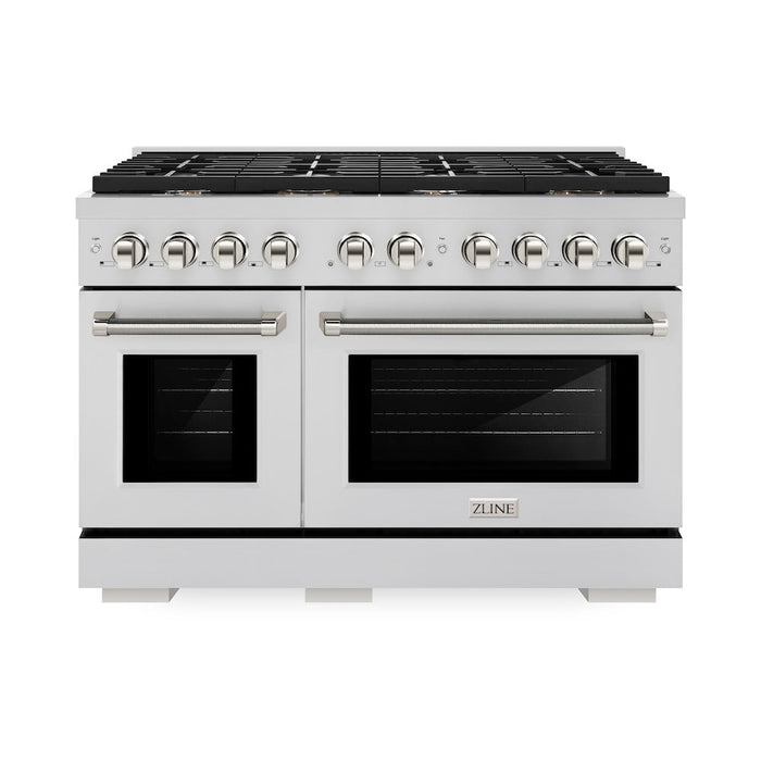 ZLINE Autograph Edition 48 in. 6.7 cu. ft. Paramount Double Oven Gas Range with 8 Burner Cooktop in Stainless Steel and Polished Nickel Helix Handles and Knob Accents (SGRZ-48-KPN)