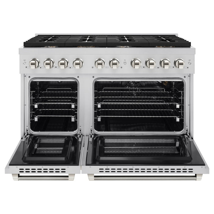 ZLINE Autograph Edition 48 in. 6.7 cu. ft. Paramount Double Oven Gas Range with 8 Burner Cooktop in Stainless Steel and Polished Nickel Helix Handles and Knob Accents (SGRZ-48-KPN)