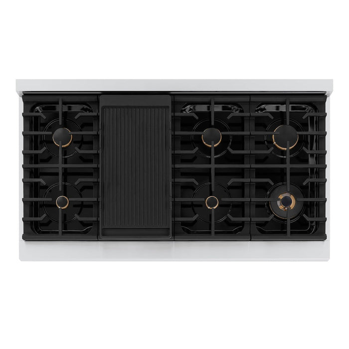 ZLINE Autograph Edition 48 in. 6.7 cu. ft. Paramount Double Oven Gas Range with 8 Burner Cooktop in Stainless Steel and Polished Nickel Helix Handles and Knob Accents (SGRZ-48-KPN)