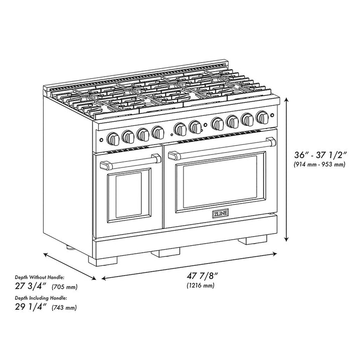 ZLINE Autograph Edition 48 in. 6.7 cu. ft. Paramount Gas Range with 8 Burner DuoPro™ Cooktop and Dual Ovens in Satin Stainless Steel with White Matte Doors and Matte Black Accents (PSGRSZ-WM-48-MB)