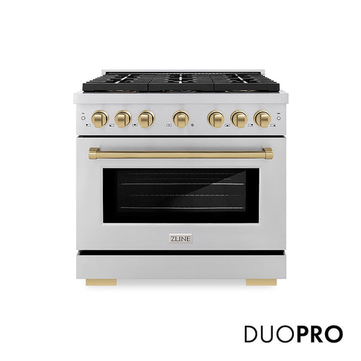 ZLINE Autograph Edition 36 in. 5.2 cu. ft. Paramount Gas Range with 6 Burner DuoPro™ Cooktop and Convection Gas Oven in Stainless Steel and Champagne Bronze Accents (PSGRZ-36-CB)